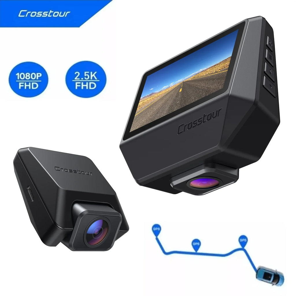 Dash Cam Front and Rear, Crosstour Dash Camera for Cars 2.5K GPSize, 3 inch IPSize Sizecreen Magnetic Dashboard Recorder 170° Backup Camera