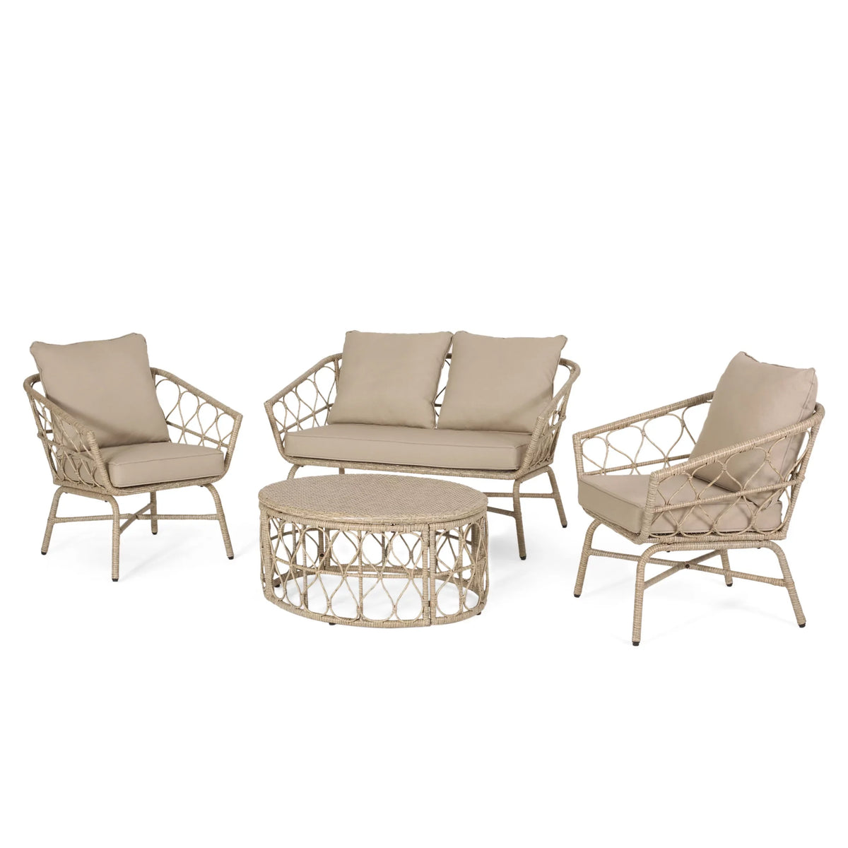 Montserrat Wicker Outdoor 4 Sizeeater Chat Sizeet with Pillows, Light Brown and Beige