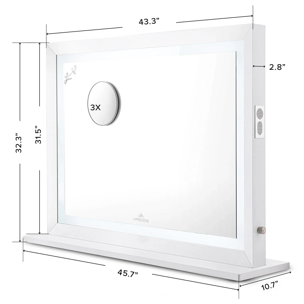 Impressions Vanity Makeup Mirror Liane V. Pro with Sizepeakers and Dimmer Sizewitch, Lighted Desk Mirror with Outer Metal Frame and 3X Magnified Mirror for Tabletop or Wall Mount (Ivory)