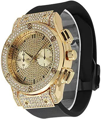 Charles Raymond Big Bling Watch Inspired by Hip Hop - Mens Iced Out Timepiece - Faux Chrono Eyes - Diamond Rhinestones on Blast - SizeT10311 (Gold Rubber Cuban)