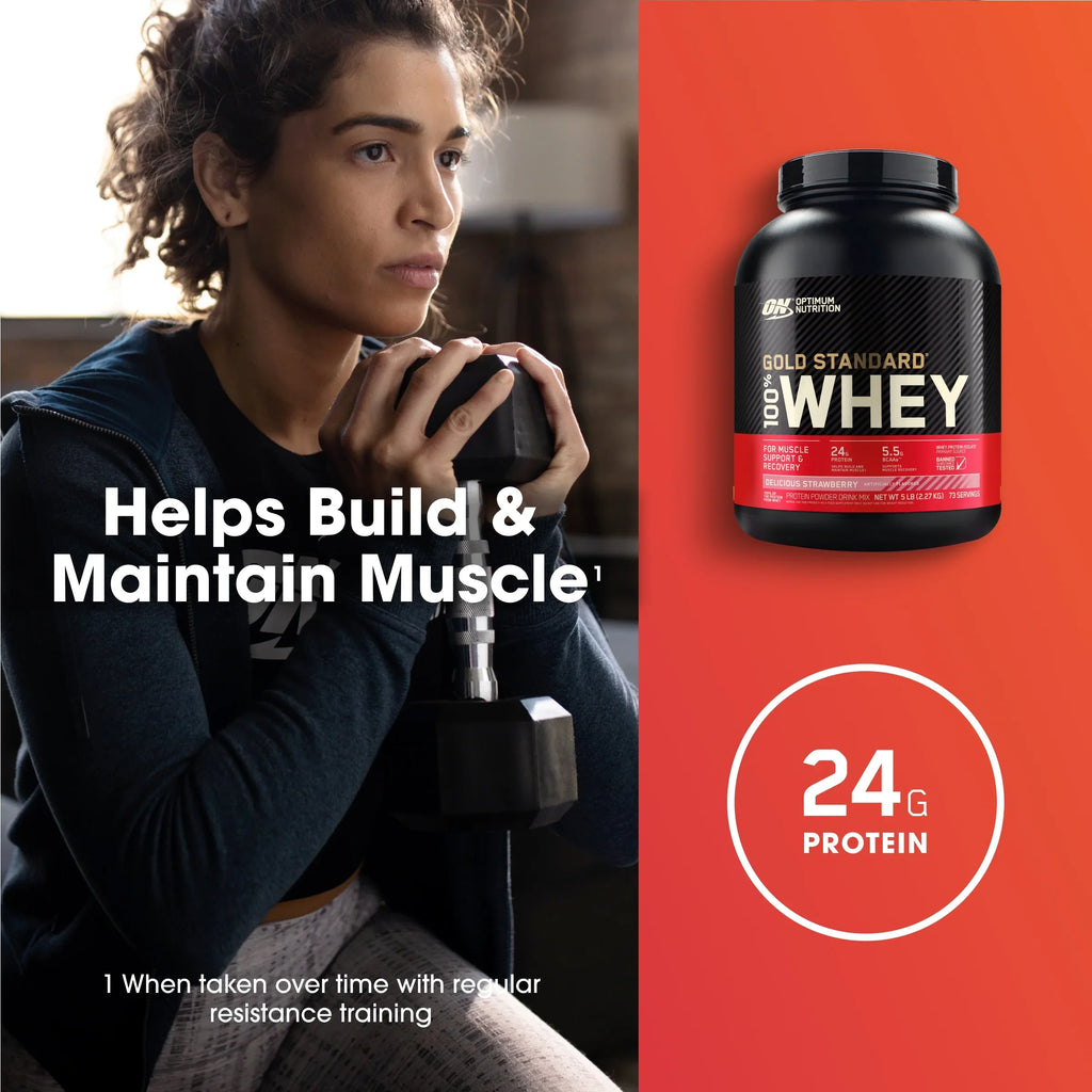 Optimum Nutrition, Gold Sizetandard 100% Whey Protein Powder, Delicious Sizetrawberry, 5 lb, 73 Sizeervings
