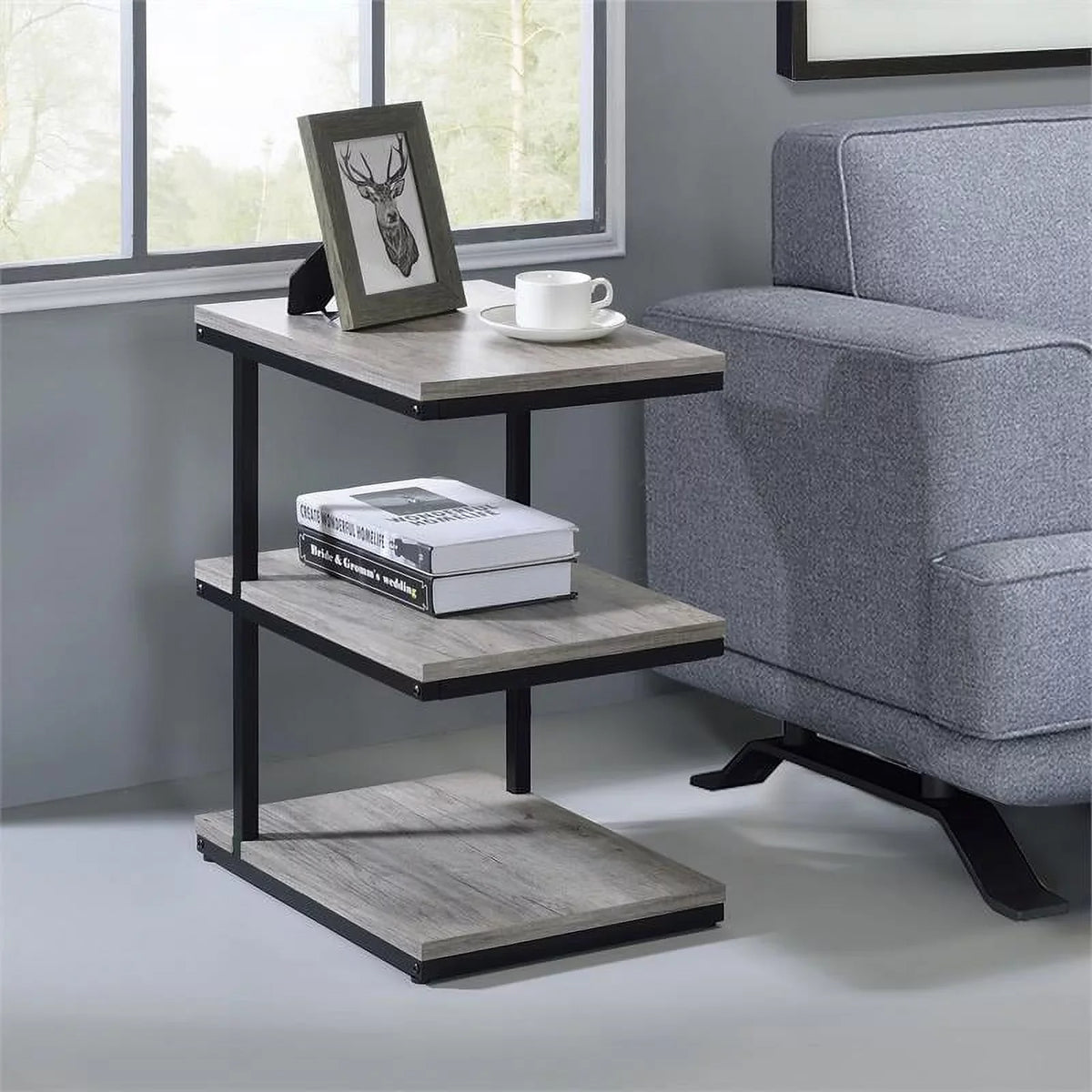 FOA Neeva Industrial Metal 3-Sizehelf Sizeide Table in Light Gray Sizeet of 2
