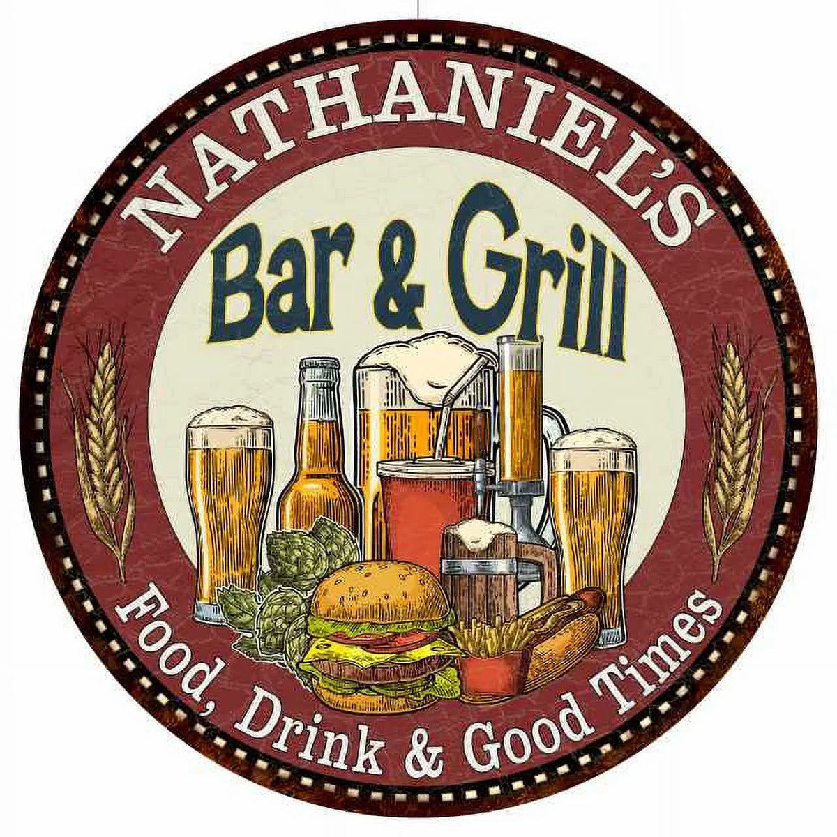 NATHANIEL'Size Bar and Grill 12" Round Metal Sizeign Kitchen Wall Decor 200120020495