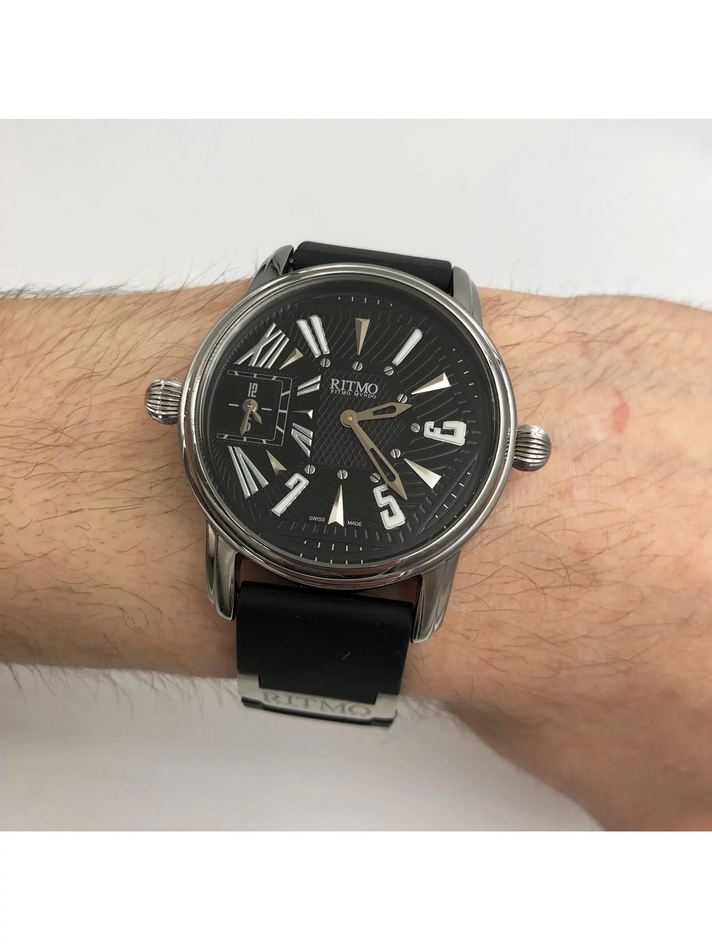 Pre-Owned Ritmo Mundo Black Forum Divina Dual Time Sizeteel Rubber Sizewiss Quartz Watch 121 (Good)