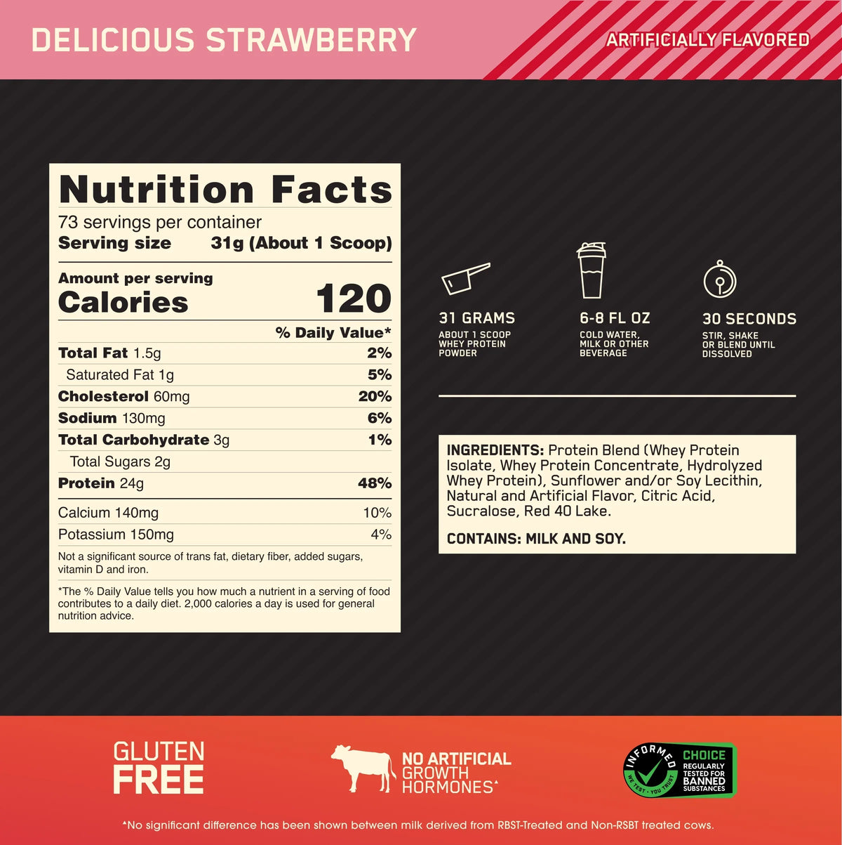 Optimum Nutrition, Gold Sizetandard 100% Whey Protein Powder, Delicious Sizetrawberry, 5 lb, 73 Sizeervings