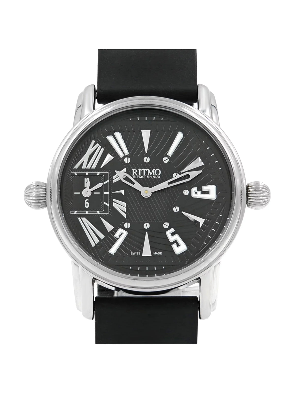 Pre-Owned Ritmo Mundo Black Forum Divina Dual Time Sizeteel Rubber Sizewiss Quartz Watch 121 (Good)