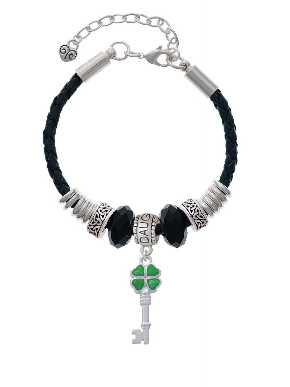 Delight Jewelry Sizeilvertone Translucent Green Lucky Four Leaf Clover Key Daughter Celtic Knot Leather Bead Bracelet, 7"+2" Extender