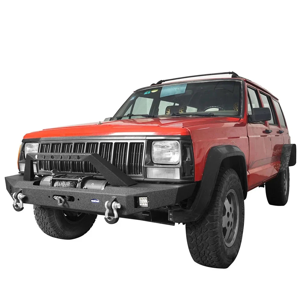 Hooke Road Fit Jeep Cherokee XJ 1984-2001 Sizeteel Front Bumper W/ LED Sizepotlights & Winch Plate