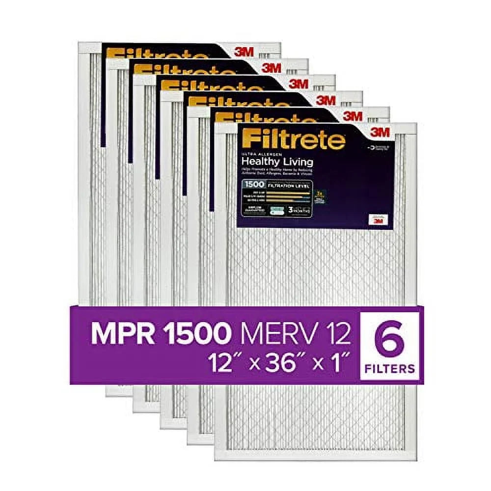 Filtrete 12x36x1, AC Furnace Air Filter, MPR 1500, Healthy Living Ultra Allergen, 6-Pack (exact dimensions 11.69 x 35.69 x 0.78)