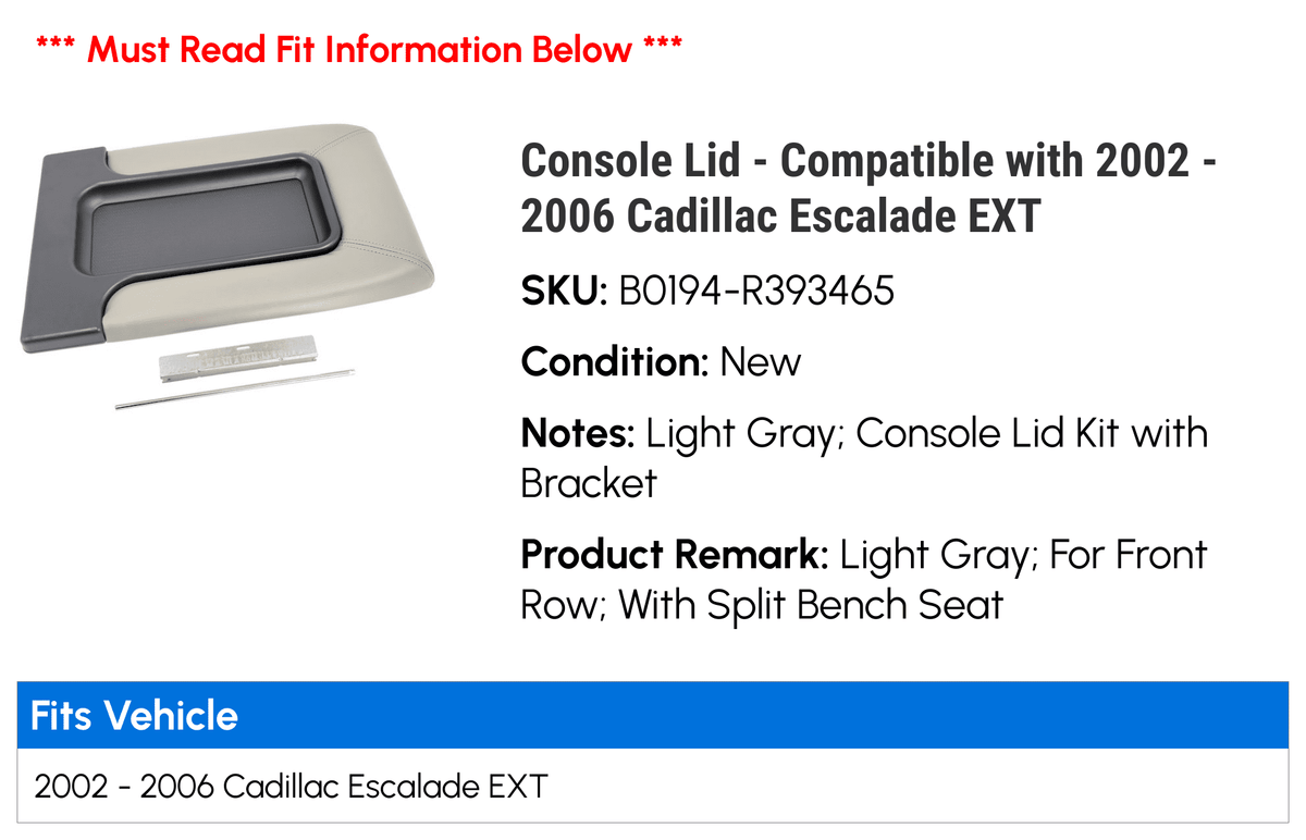 Console Lid - Compatible with 2002 - 2006 Cadillac Escalade EXT 2003 2004 2005