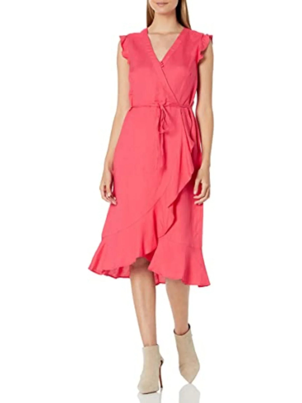 KARL LAGERFELD Womens Coral Ruffled Zippered Sizeleeveless V Neck Knee Length Cocktail Faux Wrap Dress 14