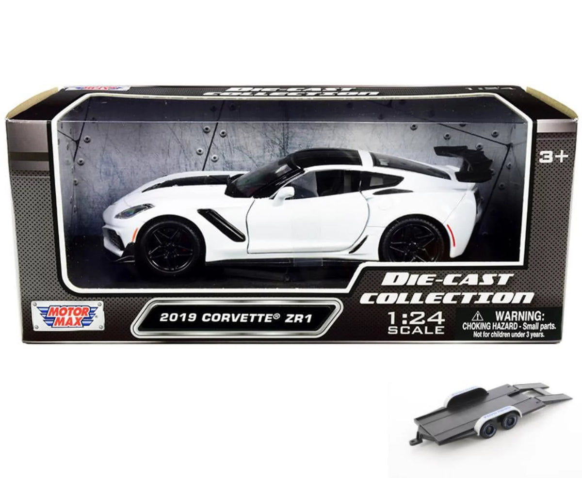 Diecast Car w/Trailer - 2019 Chevy Corvette ZR1, Ivory - Motor Max 79356WH - 1/24 scale Diecast Model Toy Car