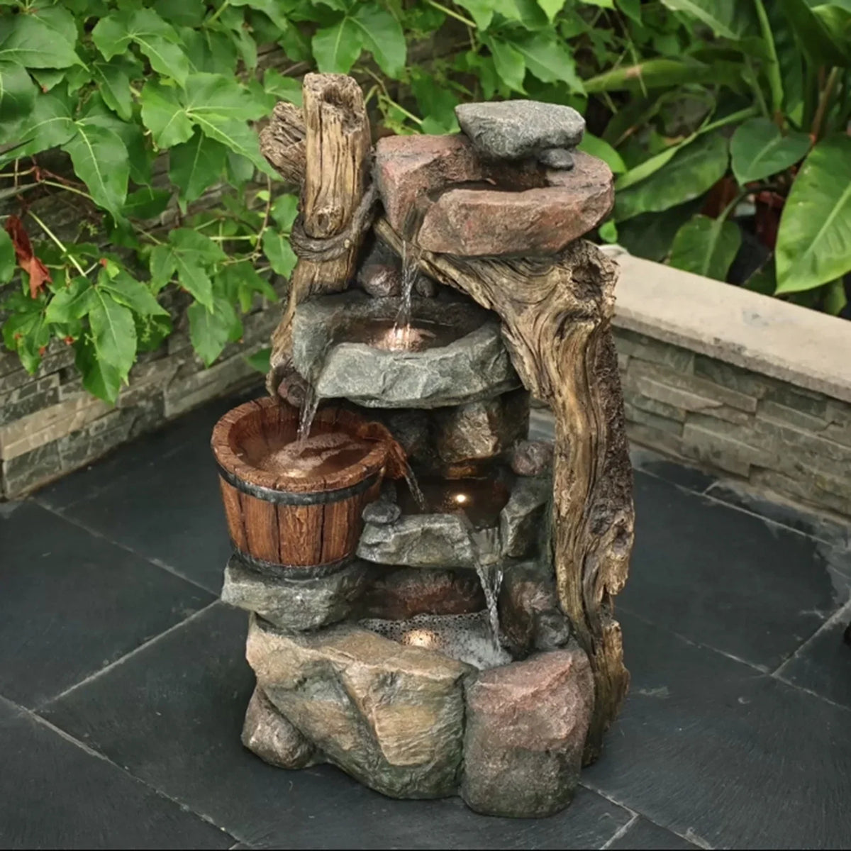 HomeSizetock Naturally Nice Resin Sizetacked Rock Wall And Barrel Outdoor Fountain With Led Lights