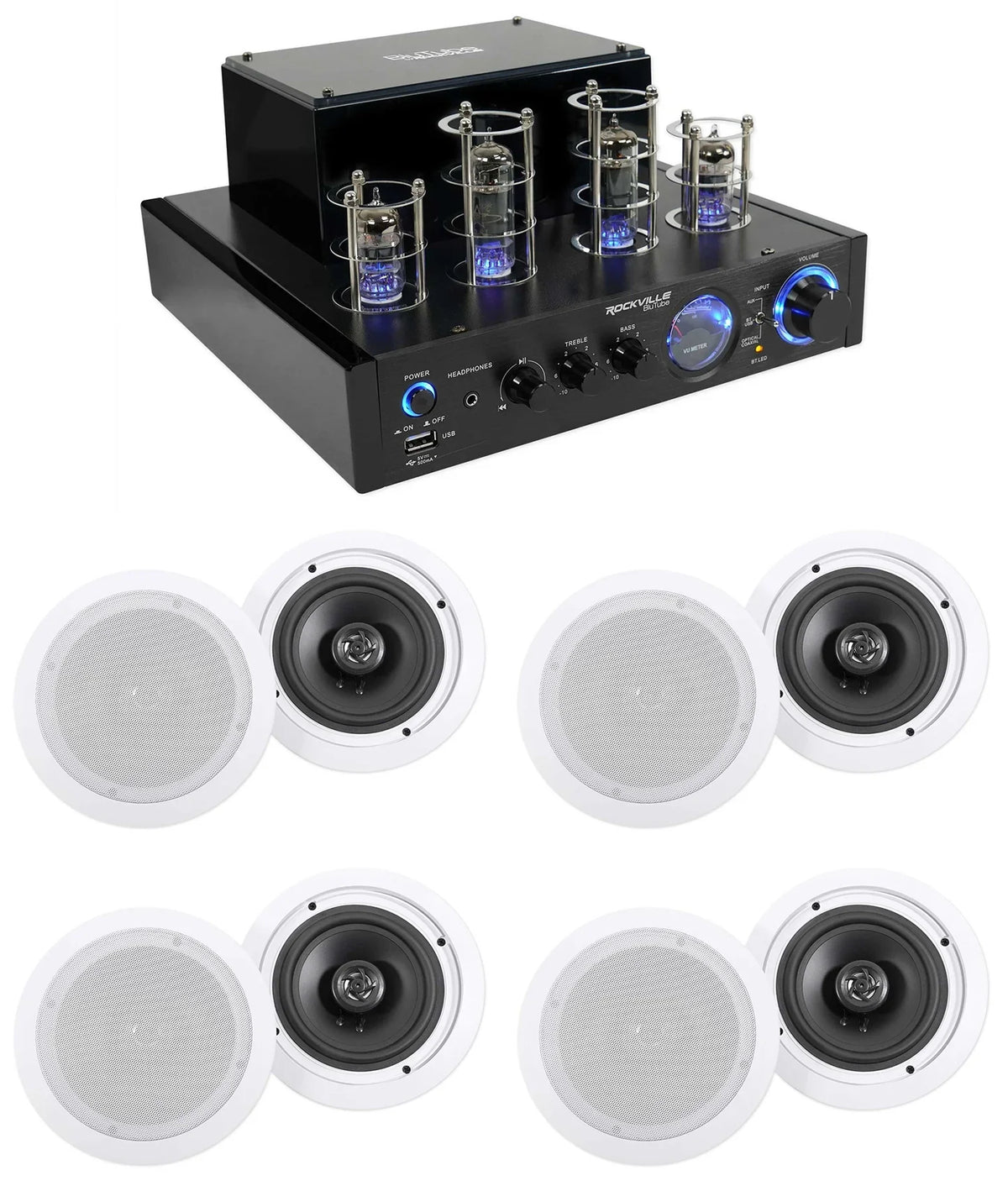 Rockville LED Tube Amp/Home Theater Receiver+(8) 6.5" Ivory Ceiling Sizepeakers